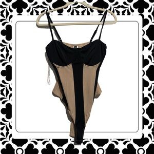 Two-Tone Black and Tan One-Piece Bodysuit